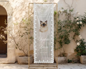 Watercolor Cat Wedding Welcome Lace Sign Personalized Pet Photo Printed Fabric Tapestry Banner Ceremony Signage