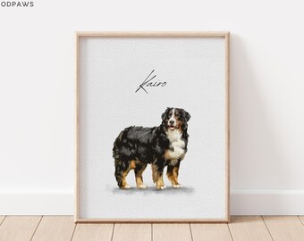 May include: A framed vertical print featuring a realistic illustration of a Bernese Mountain Dog with black, white, and tan fur. The dog is standing in profile, facing forward. Above the dog, the name Kairo is written in a thin, black script font.
