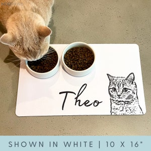 May include: White pet food mat with two white bowls filled with brown kibble. The mat features a black illustration of a cat's face and the name "Theo". The mat measures approximately 25 x 41 cm.
