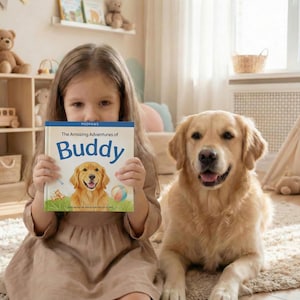 May include: A young girl holds a book titled "The Amazing Adventures of Buddy" with a golden retriever dog sitting beside her. The book cover features an illustration of a golden retriever. The scene is set in a cozy room with a neutral color palette.
