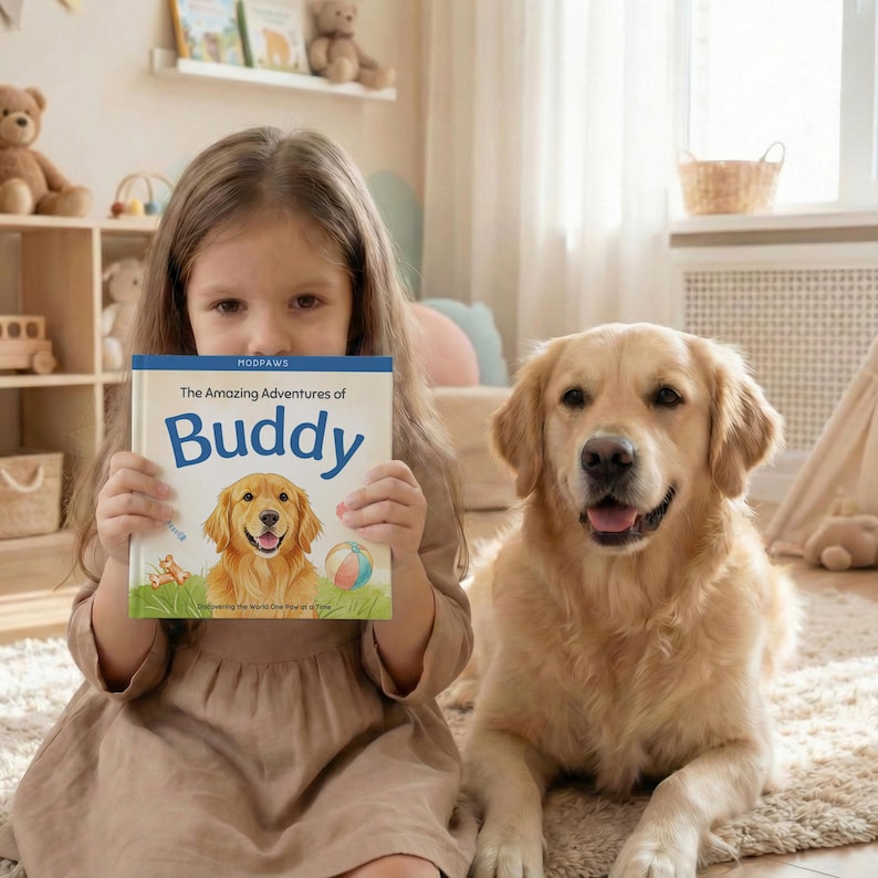 May include: A young girl holds a book titled "The Amazing Adventures of Buddy" with a golden retriever dog sitting beside her. The book cover features an illustration of a golden retriever. The scene is set in a cozy room with a neutral color palette.