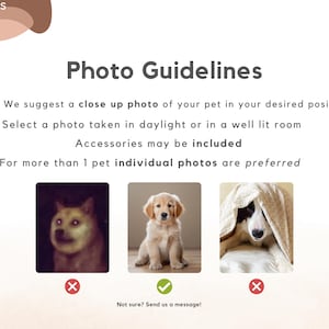May include: Image with text: "Photo Guidelines" and examples of pet photos. The text advises on photo quality, suggesting close-up shots in daylight or well-lit rooms, with accessories allowed. Individual photos of multiple pets are preferred.