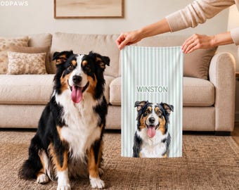 Custom Pet Photo Gift - Personalized Striped Dog Kitchen Towel - Cute Cat Tea Towel - Unique Microfiber Hand Towel for Pet Lovers