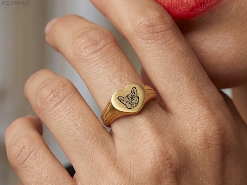 Custom Pet Heart Signet Ring Personalized Dog Cat Photo Engraved Memorial 18K Gold Jewelry image 13