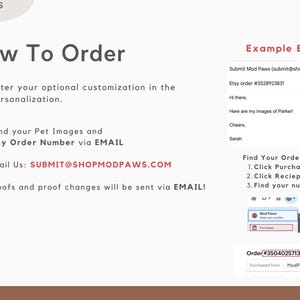 May include: A white and red graphic with instructions on how to order custom pet portraits. The graphic includes the text "How To Order" and "Submit Mod Paws (submit@shopmodpaws.com)".