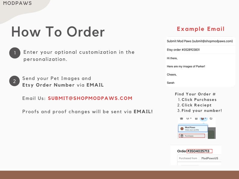 May include: A white and red graphic with instructions on how to order custom pet portraits. The graphic includes the text "How To Order" and "Submit Mod Paws (submit@shopmodpaws.com)".