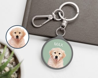 May include: A circular keychain featuring a silver metal ring and a lobster clasp. The keychain has a sage green background with a photograph of a golden retriever puppy and the name MAX printed in white capital letters above the puppy image.