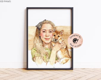 Custom Watercolor Mother's Day Portraits, Custom Mom and Pet Portrait, Personalized Family Art, Digital Dog Portraits Cat Painting, Mom Art