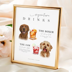 Plaque personnalisée aquarelle d'enseigne de cocktail de mariage d'animal de compagnie utilisant la photo d'animal de compagnie