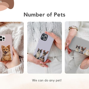 May include: The image showcases phone cases with custom pet portraits. The cases are displayed in various colors, each featuring a different pet illustration. Text on the image reads "Number of Pets" and "We can do any pet!"