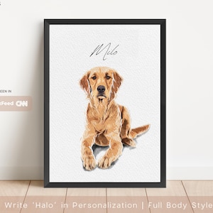 Op de afbeelding: Een ingelijste kunstdruk met een Golden Retriever genaamd Milo. De hond wordt in een volledige lichaamsstijl weergegeven, liggend. Het kunstwerk staat tegen een witte achtergrond en is zwart omlijst. De print wordt geadverteerd als gezien in WSJ, BuzzFeed en CNN.