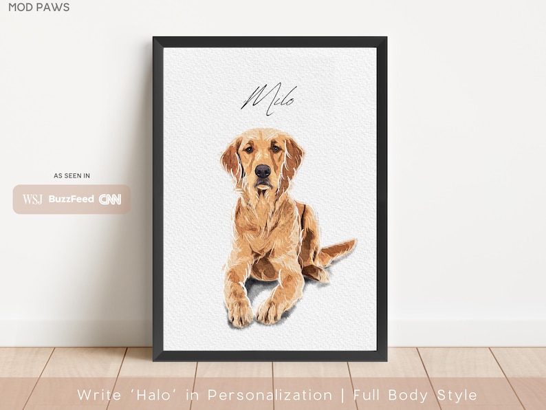 Op de afbeelding: Een ingelijste kunstdruk met een Golden Retriever genaamd Milo. De hond wordt in een volledige lichaamsstijl weergegeven, liggend. Het kunstwerk staat tegen een witte achtergrond en is zwart omlijst. De print wordt geadverteerd als gezien in WSJ, BuzzFeed en CNN.
