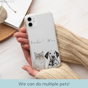 May include: A clear phone case with a white background and a black and white illustration of a cat and a dog. The text "Parker & Max" is printed on the case.