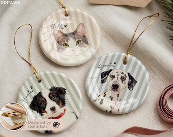 Personalized Pet Memorial Watercolor Ornament from Photo + Name – Striped Dog & Cat Ornament, Personalized Pet Remembrance Gift Loss
