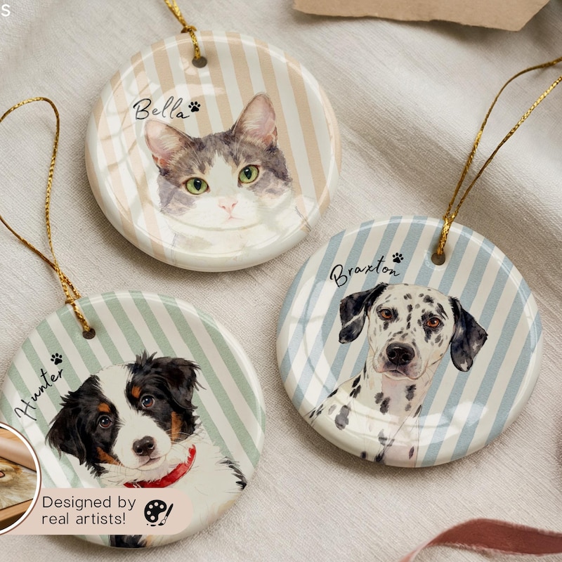 Personalized Pet Watercolor Ornament with Photo & Name, Striped Dog & Cat Hanging Ornament, Pet Loss Memorial Keepsake, Gift for Dog Mom/Pet Owners