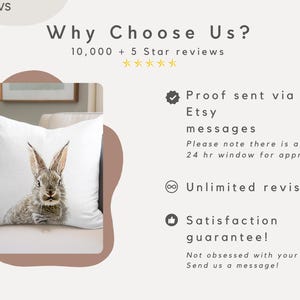 May include: A white pillow with a watercolor illustration of a rabbit on it. The pillow is on a brown couch. The text "Why Choose Us?" is at the top of the image. The text "10,000+ 5 Star reviews" is below the text "Why Choose Us?" The text "Proof sent via Etsy messages" is on the right side of the image. The text "Please note there is a 24 hr window for approval" is below the text "Proof sent via Etsy messages". The text "Unlimited revisions" is below the text "Please note there is a 24 hr window for approval". The text "Satisfaction guarantee!" is below the text "Unlimited revisions". The text "Not obsessed with your order? Send us a message!" is below the text "Satisfaction guarantee!"