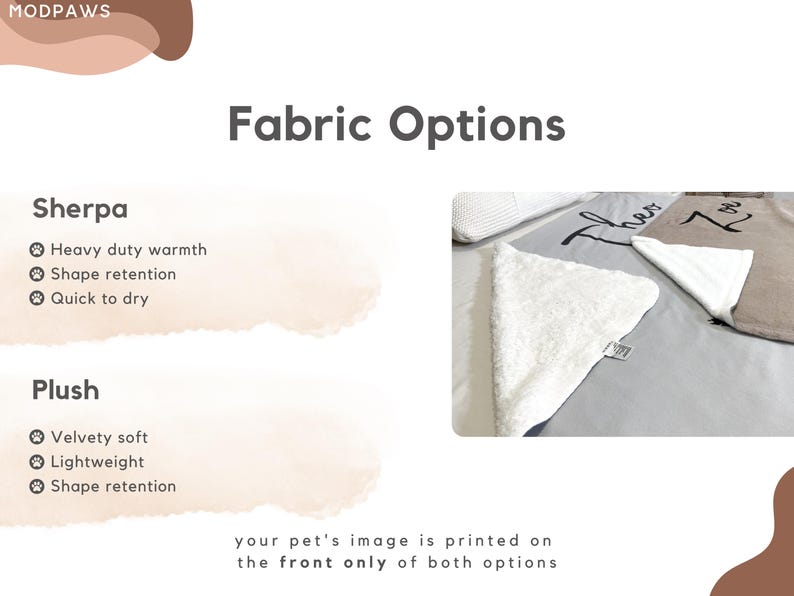 May include: Image showing fabric options for pet products. The options are Sherpa and Plush, with descriptions of their features. The text "Fabric Options" is at the top. The text "your pet's image is printed on the front only of both options" is at the bottom.