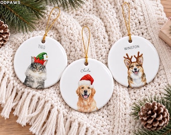 Custom Dog Cat Photo Watercolor Ceramic Ornament Santa Hat Christmas Tree Decor Personalized Pet Keepsake