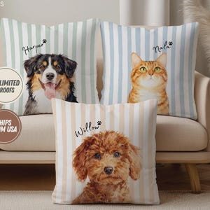 May include: Three square throw pillows featuring portraits of pets. One pillow has a Bernese Mountain Dog named Harper on green stripes, one has an orange tabby cat named Nala on blue stripes, and one has a brown poodle named Willow on tan stripes.
