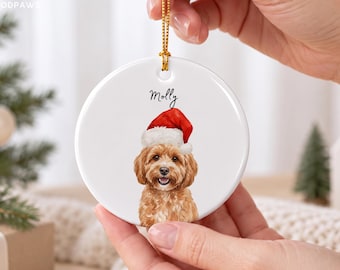 Custom Pet Watercolor Ceramic Ornament Dog Cat Santa Hat Christmas Tree Decor Holiday Keepsake