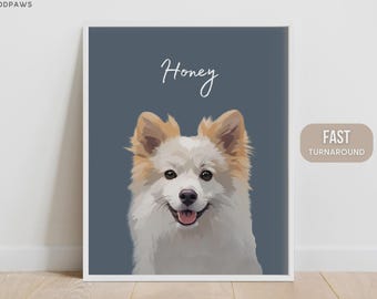 May include: A framed digital portrait of a white and tan dog with a fluffy coat, dark eyes, and an open mouth. The background is a solid slate blue. The name Honey is written in white script above the dog. The text MODPAWS and FAST TURNAROUND appear.