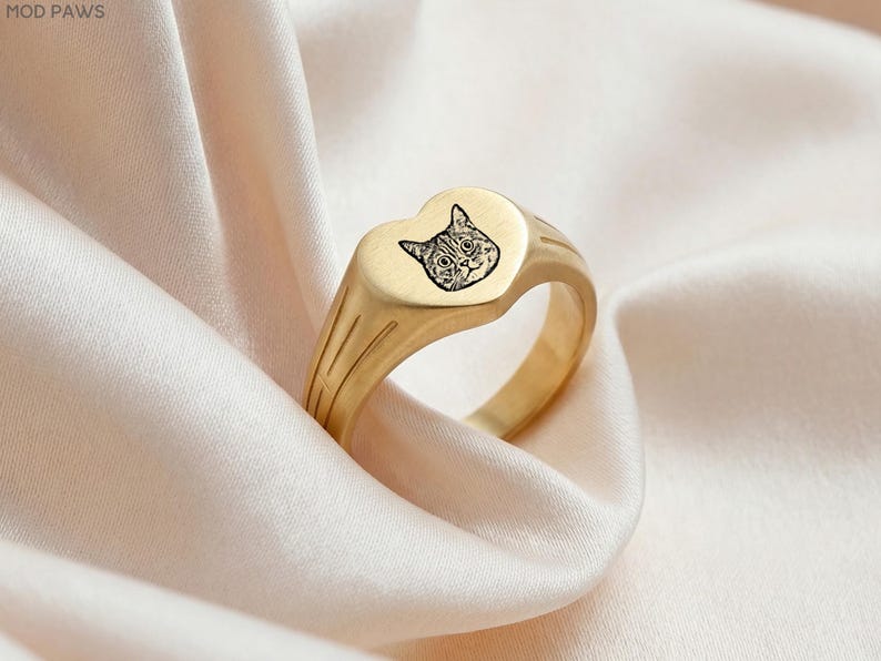 Custom Pet Heart Signet Ring Personalized Dog Cat Photo Engraved Memorial 18K Gold Jewelry image 2