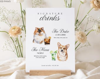 Personalized Pet Wedding Signature Drinks Menu Sign Custom Watercolor Dog Cat Cocktail Bar Table Plaque