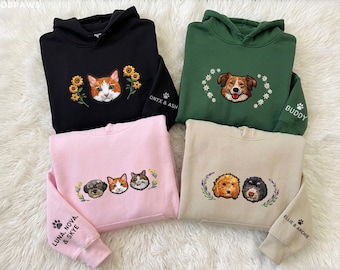 Custom Pet Floral Embroidered Hoodie with Sleeve Embroidery – Personalized Cat and Dog Hooded Sweatshirt