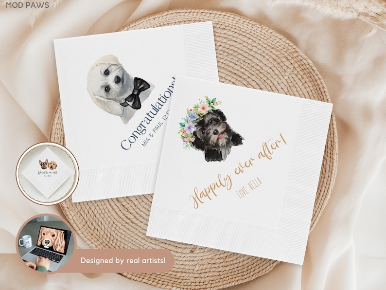 May include: White paper napkins with watercolor illustrations of dogs. One napkin says "Congratulations" with a dog wearing a bow tie. The other says "Happily ever after!" with a dog wearing a floral crown.