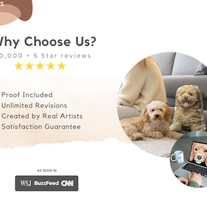 May include: Image featuring two dogs, one real and one a plush pillow, with a laptop displaying a dog portrait. Text reads "Why Choose Us?" with details about the product and mentions WSJ, BuzzFeed, and CNN.