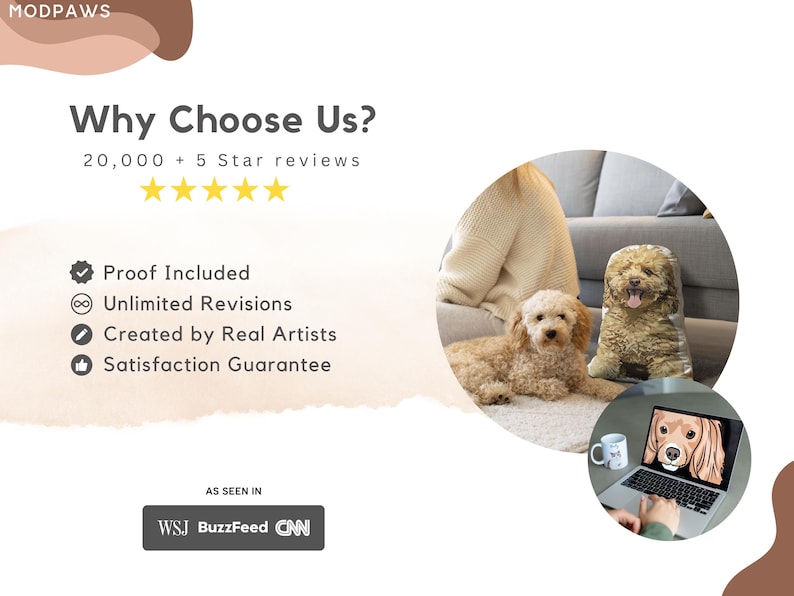 May include: Image featuring two dogs, one real and one a plush pillow, with a laptop displaying a dog portrait. Text reads "Why Choose Us?" with details about the product and mentions WSJ, BuzzFeed, and CNN.