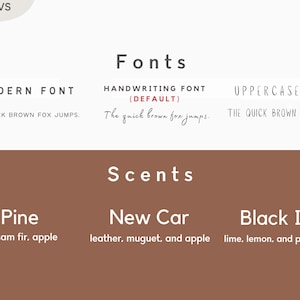 Peut inclure: Un graphique montrant trois styles de police diff&eacute;rents pour le texte, &eacute;tiquet&eacute;s "Police moderne", "Police manuscrite (par d&eacute;faut)" et "Police en majuscules". Sous les polices, il y a trois options de parfum &eacute;tiquet&eacute;es "Pin", "Nouvelle voiture" et "Glace noire" avec des descriptions des parfums.