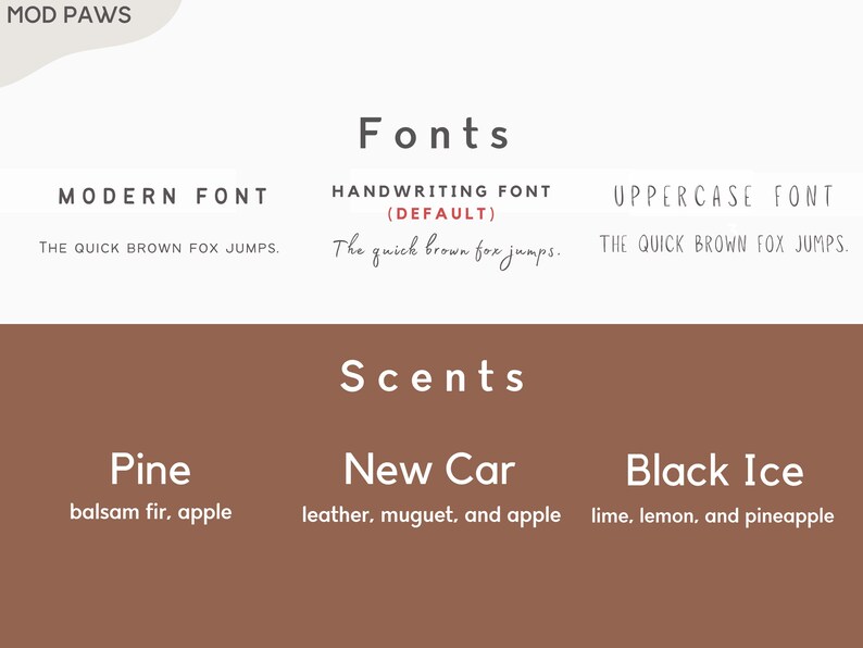 Peut inclure: Un graphique montrant trois styles de police diff&eacute;rents pour le texte, &eacute;tiquet&eacute;s "Police moderne", "Police manuscrite (par d&eacute;faut)" et "Police en majuscules". Sous les polices, il y a trois options de parfum &eacute;tiquet&eacute;es "Pin", "Nouvelle voiture" et "Glace noire" avec des descriptions des parfums.