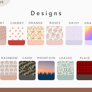 Peut inclure: Un tableau pr&eacute;sentant diff&eacute;rentes options de design pour un produit. Les designs comprennent des c&oelig;urs, des cerises, des oranges, des roses, des marguerites, un d&eacute;grad&eacute;, des arcs-en-ciel, du camouflage, des montagnes, des feuilles et du tartan.