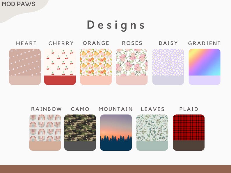Peut inclure: Un tableau pr&eacute;sentant diff&eacute;rentes options de design pour un produit. Les designs comprennent des c&oelig;urs, des cerises, des oranges, des roses, des marguerites, un d&eacute;grad&eacute;, des arcs-en-ciel, du camouflage, des montagnes, des feuilles et du tartan.