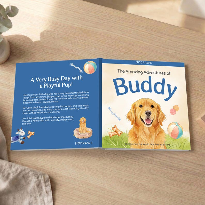May include: A children's book titled "The Amazing Adventures of Buddy" is open on a wooden surface. The cover features a golden retriever illustration. The left page reads "A Very Busy Day with a Playful Pup!" with text and illustrations.