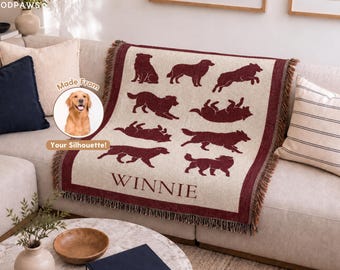 Custom Dog Silhouette Portrait Woven Blanket with Name Personalized Tapestry Throw Pet Memorial Present