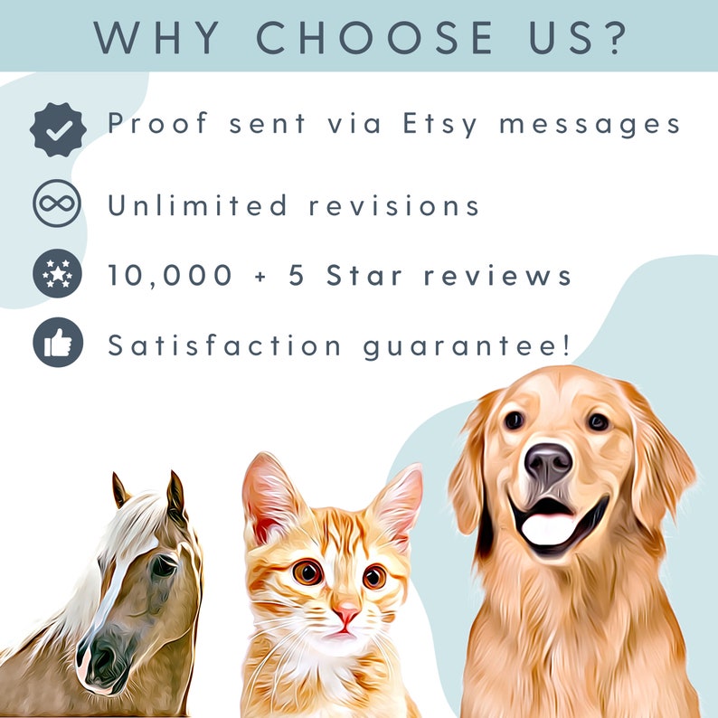 May include: A graphic with a blue background and white text that reads "WHY CHOOSE US?" with four icons and text below each icon. The icons are a checkmark, an infinity symbol, a star, and a thumbs up. The text below the icons reads "Proof sent via Etsy messages", "Unlimited revisions", "10,000 + 5 Star reviews", and "Satisfaction guarantee!" There are three images of animals below the text: a horse, a cat, and a dog.