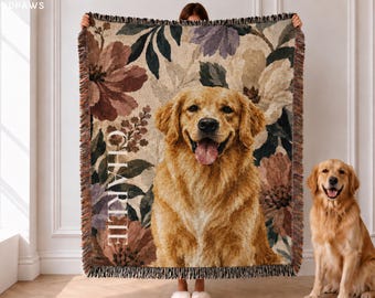 Custom Dog Portrait Woven Blanket with Name Personalized Pattern Tapestry Throw Pet Memorial Keepsake