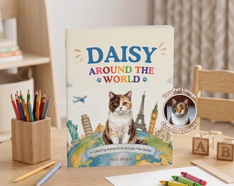 Personalized Cat World Traveller Coloring Book | Custom Pet Photo Activity Gift Kids