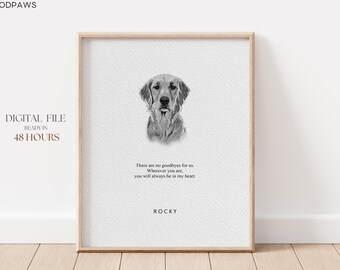 May include: A framed black and white portrait of a Golden Retriever dog. The image includes the text "There are no goodbyes for us. Wherever you are, you will always be in my heart." and the name "ROCKY". The words "DIGITAL FILE READY IN 48 HOURS" are also visible.