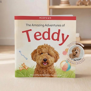 Puede incluir: Un libro infantil titulado "The Amazing Adventures of Teddy" presenta una ilustración de golden doodle. La portada incluye el texto "MODPAWS" y una pequeña foto de un perro con las palabras "Your Pet's Image Custom Artwork".