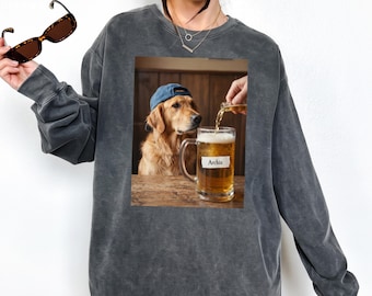 Custom Comfort Colors® Dog Beer Photo Sweater Personalized Pet Silly Meme Graphic Sweatshirt Apparel