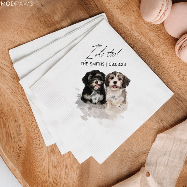 Serviettes de table pour cocktail personnalisées avec photo d'animal et nom de famille Serviettes de table personnalisées pour mariage de chien Serviettes de table pour chien personnalisées pour mariage, décoration d'anniversaire de chien