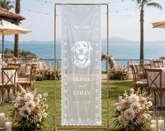 Custom Pet Wedding Welcome Lace Sign Personalized Dog Cat Photo Tapestry Banner Ceremony Signage