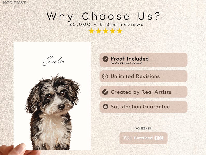 May include: A portrait of a dog named Charlie, with black, white, and brown fur, is displayed on a white background. The image includes text that reads "Why Choose Us?" and highlights features like "Proof Included" and "Unlimited Revisions."