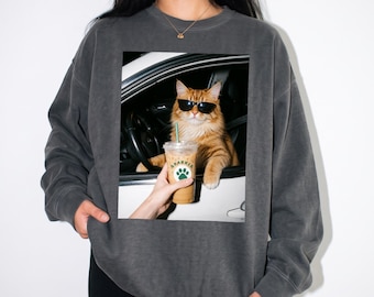 Custom Comfort Colors® Cat Portrait Iced Coffee Sweater Personalized Dog Mom Vintage Sweatshirt Gift