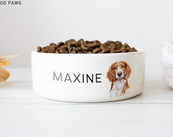 May include: White ceramic dog bowl with the name "MAXINE" printed on the front. The bowl has a brown and white dog illustration and is filled with brown dog food.