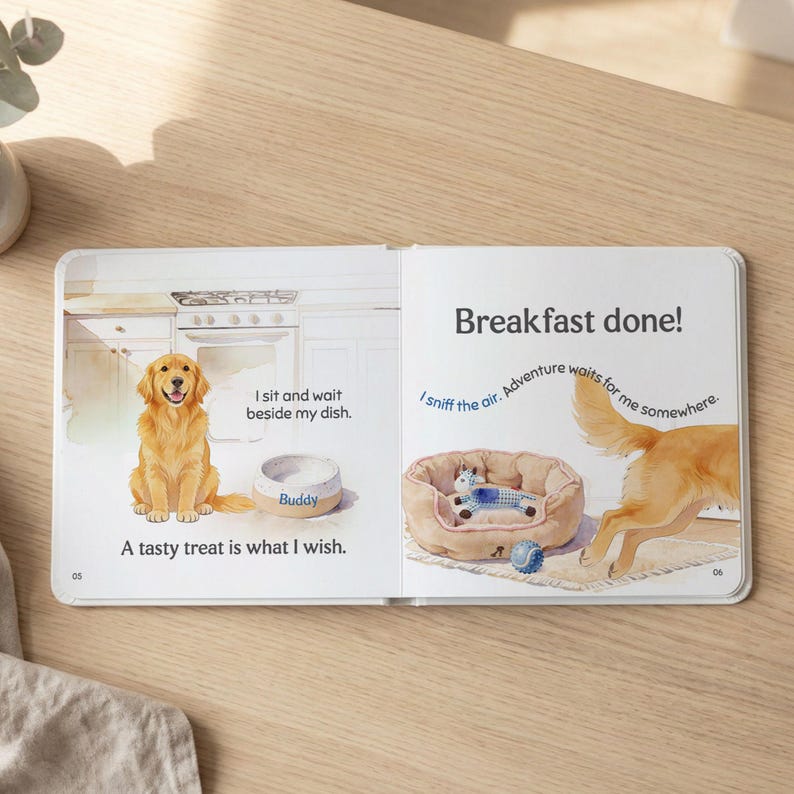 May include: A children's book open to two pages. One page shows a golden retriever sitting near a dog bowl labeled "Buddy" with the text "I sit and wait beside my dish." The other page shows a dog bed and the text "Breakfast done!"
