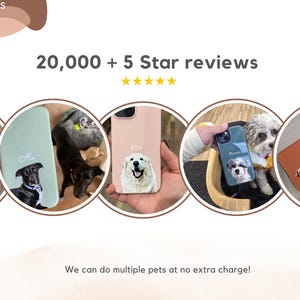 May include: The image showcases custom phone cases featuring pet portraits. The cases are in various colors, each displaying a different dog's face. Text on the image reads "20,000 + 5 Star reviews" and "We can do multiple pets at no extra charge!"
